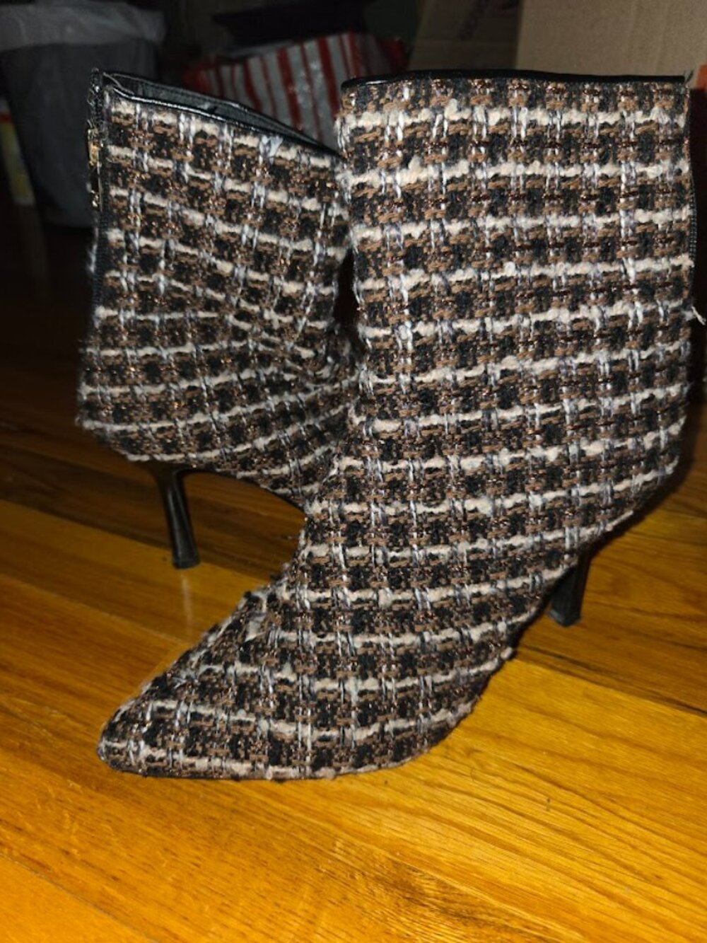 NY & Co Tweed Pointed Toe Ankle Booties Back Zip Kitten Heel Black Brown 8.5